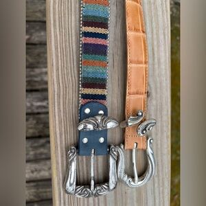 Coldwater Creek Elite vintage Striped Tan Belts Silver Buckles 37” XS/S leather